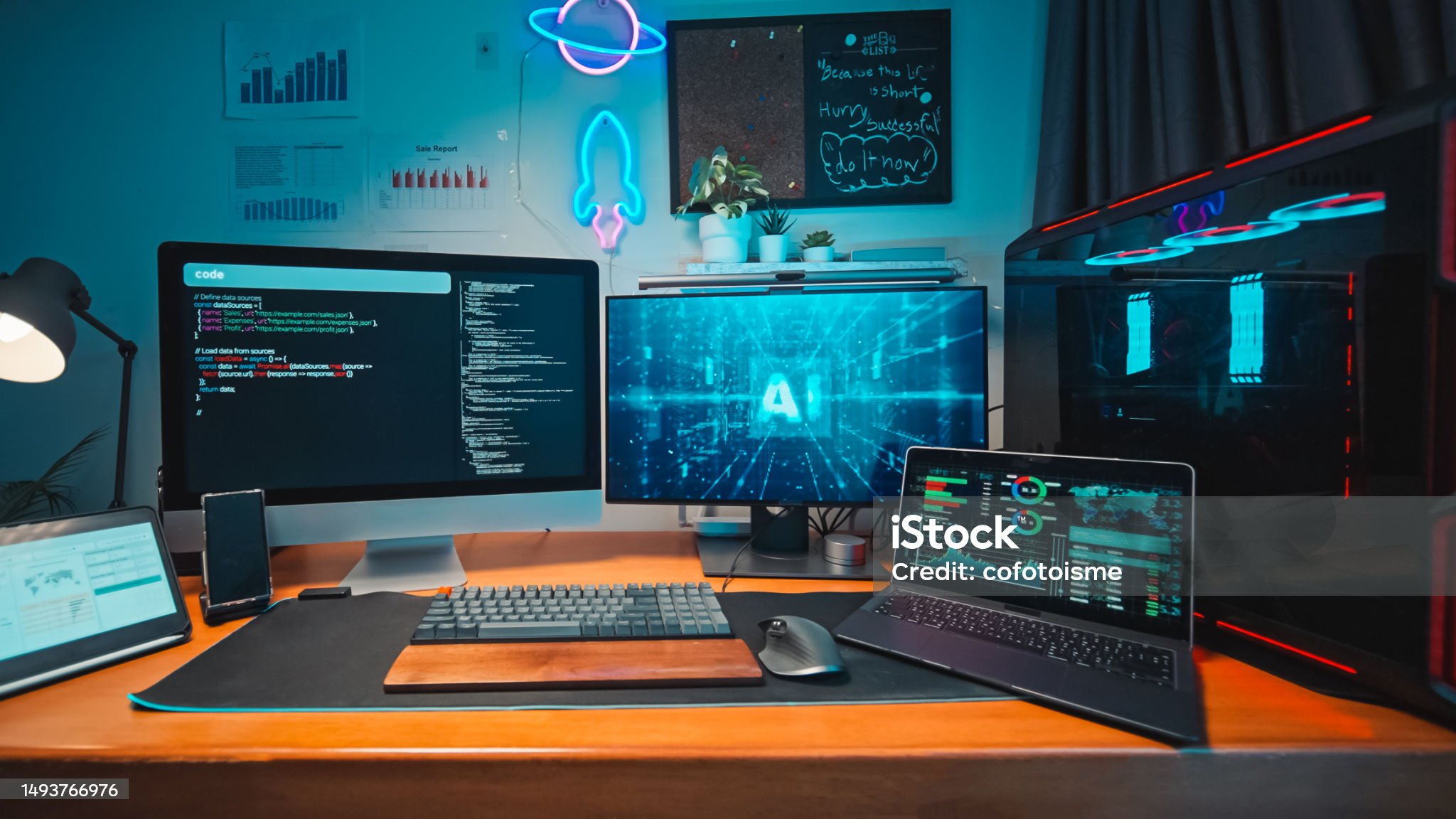 Workspace with code on a monitor